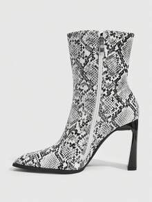 CUCCOO SZL New Small Square Toe, Middle Heel, Snake Pattern, Jindian, Thin, Commuting Atmosphere, Ankle Boots Fall Boots - Black and White - View 4