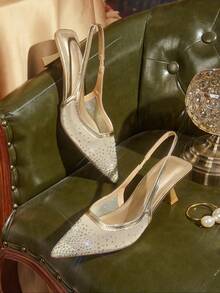 CUCCOO TILAWA Women's Pointed Square Vamp. Breathable Flat Mesh Fabric, Hot Rhinestones. Wine Glass Paint Medium And High Heels. Back Empty Shoes. Four Seas - Gold - View 1