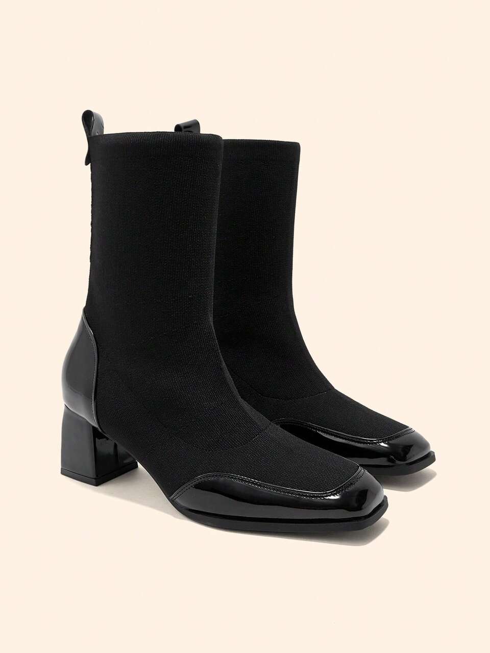 CUCCOO BASICS British Patent Leather Square Heel Socks Boots, Elastic Fabric Slim Black Short Commuter Women's Boots Fall Boots