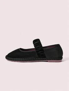 CUCCOO DOLLMOD Women's Shoes, Black, Velvet Classic Comfort Pleated Elastic Mary Jane Stretch Strap Flats Fall Shoes - Black/Black - View 2