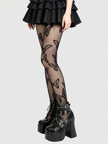 ROMWE 1 Pair Gothic Sweet Butterfly Pattern Fishnet Tights/Stockings, Halloween - Black - View 7