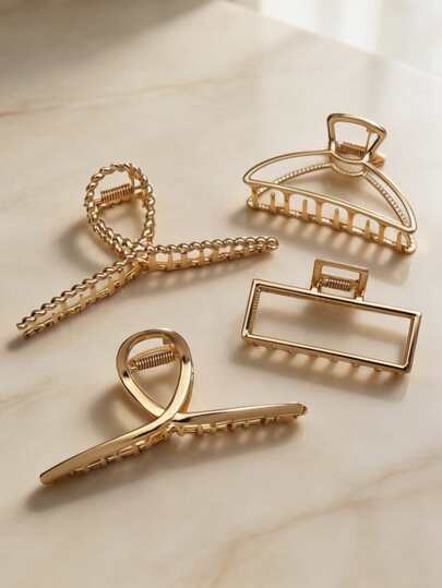 BestieMix 4pcs Women's Gold Metal Exquisite One Character Half Moon Square Large Alloy Hair Claw Hair Clip Fashionable, Versatile, High End Hair Accessories
