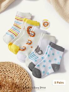 Cozy Pixies 5 أزواج من جوارب الأطفال بنمط الأسد الصغير الكرتوني والنجوم، جوارب مخططة ملونة، جوارب أطفال لطيفة متعددة الاستخدامات للسفر - متعدد الألوان - مشاهدة 1