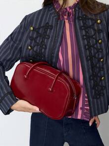 Nöista Burgundy Leather-Effect Shoulder Bag With Double Handles, Glossy Finish And Double Zip Compartments. - Burgundy - View 3