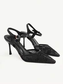 CUCCOO CHICEST Pointed Fashion Elegant Hollow Mesh Embroidery Thread Rhinestone Elegant Banquet Thin Heel High Heel Hollow Black Shoes - Black - View 1