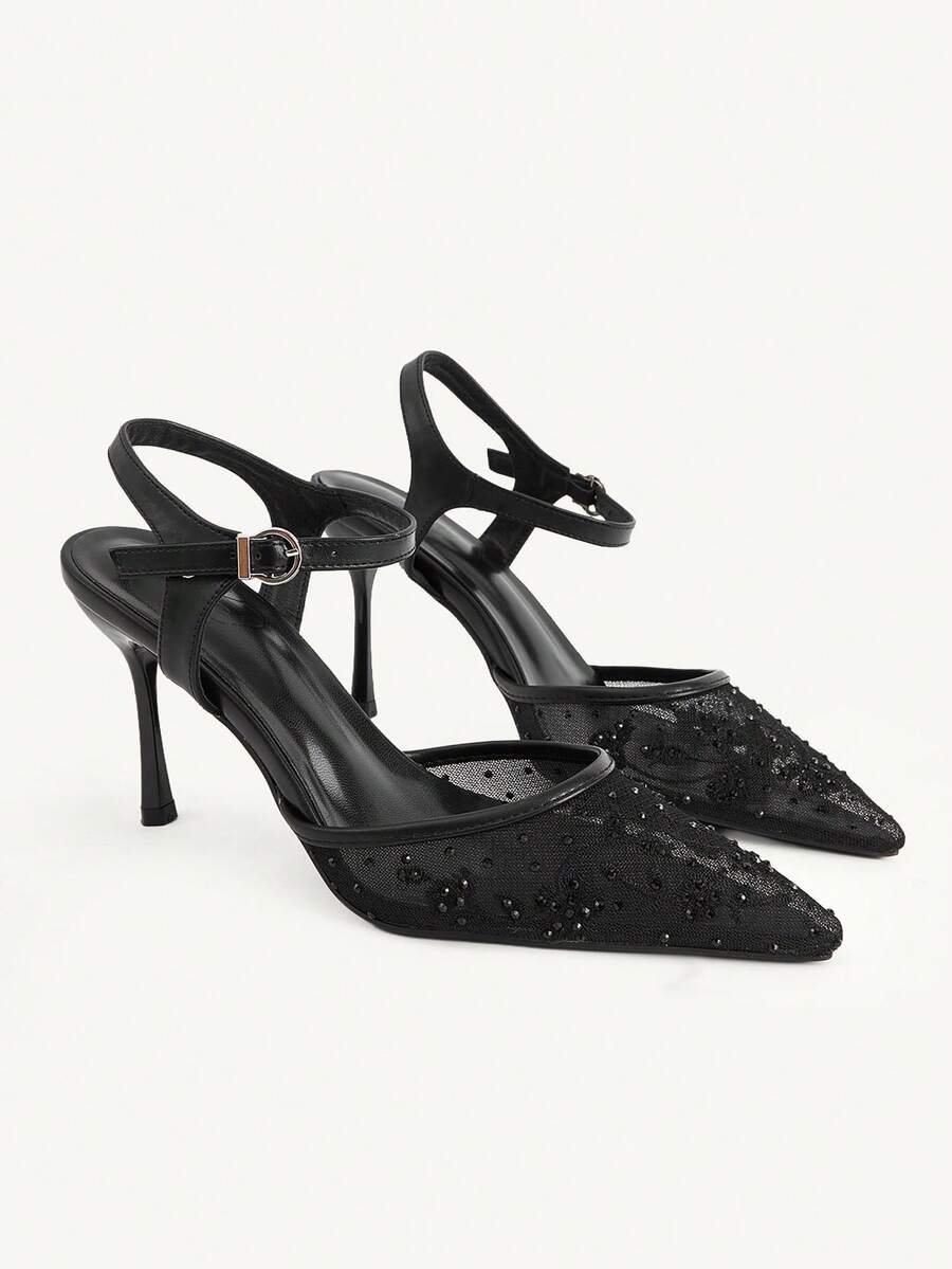 CUCCOO CHICEST Pointed Fashion Elegant Hollow Mesh Embroidery Thread Rhinestone Elegant Banquet Thin Heel High Heel Hollow Black Shoes - Black - View 1