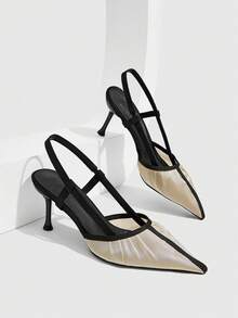CUCCOO SZL Folded Back Tripple High Heels Women's Pointed Elastic Gentle Commuter Dating Light Dress Single Shoes - Black and White - View 1