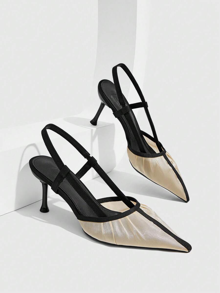 CUCCOO SZL Folded Back Tripple High Heels Women's Pointed Elastic Gentle Commuter Dating Light Dress Single Shoes - Black and White - View 1