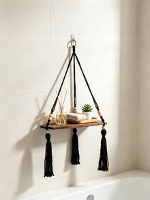 Bohemian Hand‑Woven Cotton Rope Triangle Wall Shelf, Wooden Craft Home Decor, Wall Hanging Storage Rack For Flower Pots - Black - View 9