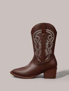 Styleloop Women's Gothic Punk White Embroidery V-Cut Butterfly Western Mid-Calf Thick Heel Boots, Halloween - Red + white line - View 3