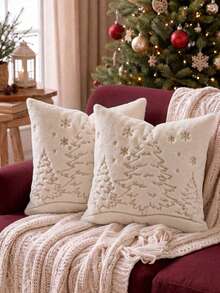 Cirelle 1pc/2pcs Christmas Faux Rabbit Fur Throw Pillow Covers, Golden Embroidered Decorative Pillow Shell With Reindeer,Snowflake, Snowman&Christmas Tree Motifs,Cream Neutral Winter Holiday Home Decor For Sofa, Bedroom,Living Room,Pillow Insert Not Included - Imitation rabbit fur golden embroidery thread pine tree - View 1