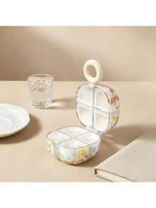 Floral 8-Compartment Pill Organizer: Compact Portable Pill Case With Floral Print, 8-Compartment Design. Lightweight Leak-Proof Plastic, Equipped With Handle And Carabiner For Bag Attachment, Moisture-Resistant Seal For Medication Storage. - Multicolor - View 5