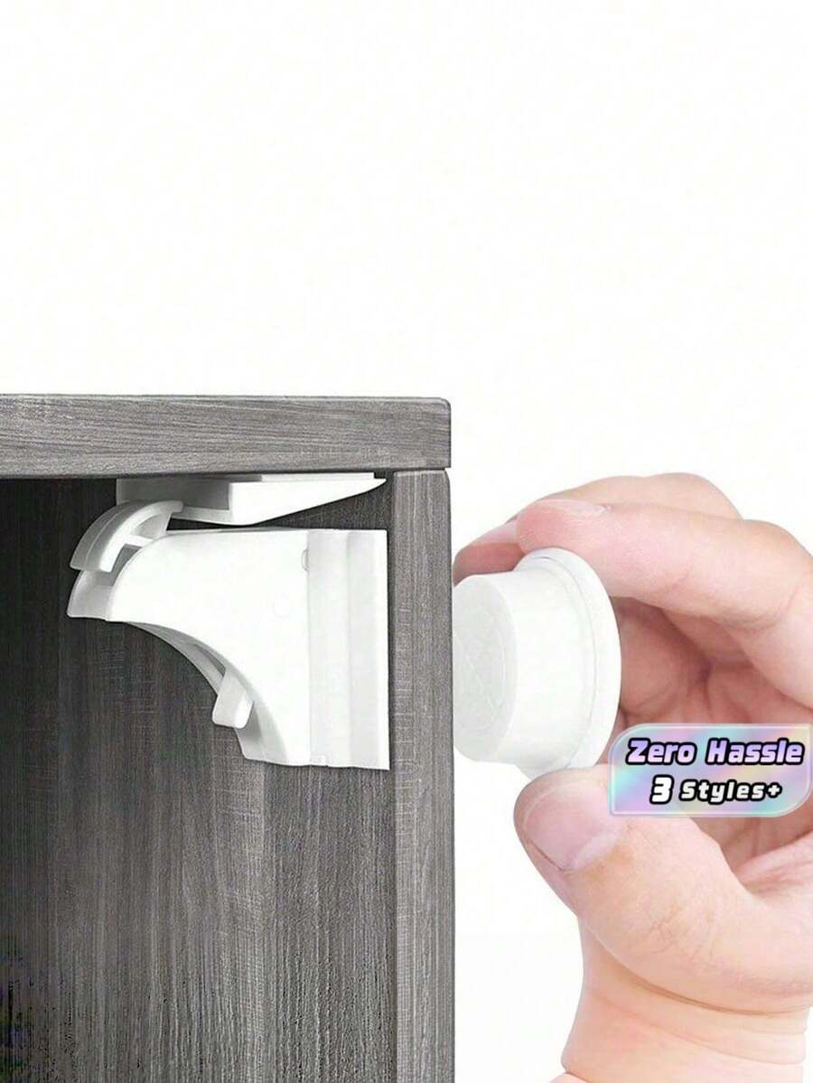 One Set Adhesive Magnetic Cabinet Locks, Easy Installation In Seconds, No Screws Or Drilling Required, Invisible Locks For Cabinets & Drawers - White - View 1