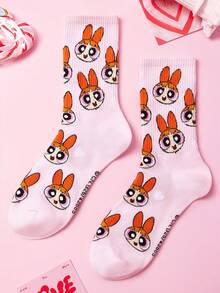 THE POWERPUFF GIRLS X SHEIN 1雙女款中筒襪，柔軟透氣、吸濕排汗休閒襪，卡通條紋圖案，時尚款 - 粉色 - 查看 2