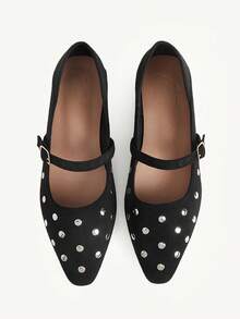 CUCCOO CHICEST New, Imitation Suede Velvet Surface, Rivet Small Square Toe Design, With Buckle, Women's Flat Shoes, Fashionable And Versatile - Black velvet rivets - View 1