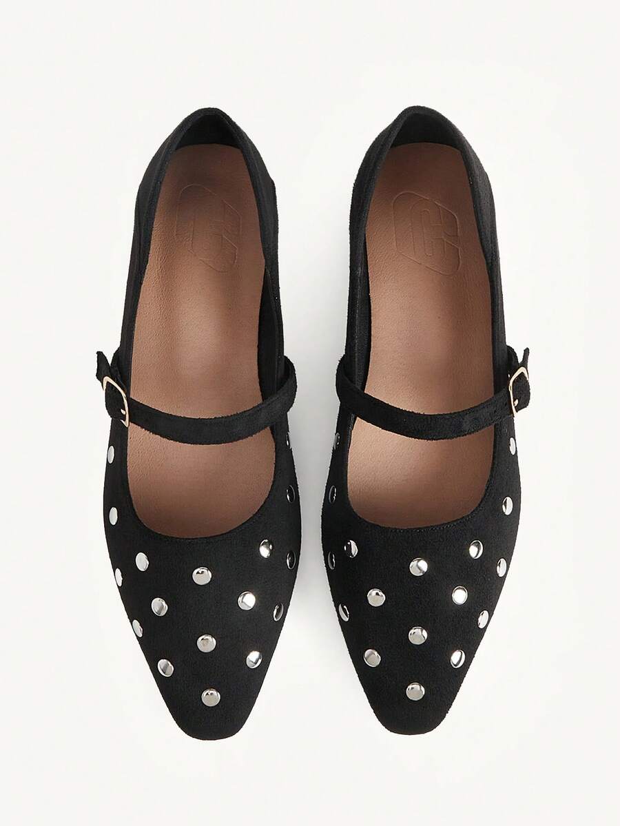 CUCCOO CHICEST New, Imitation Suede Velvet Surface, Rivet Small Square Toe Design, With Buckle, Women's Flat Shoes, Fashionable And Versatile - Black velvet rivets - View 1