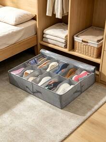 1PC 12 Grid Dustproof Non Woven Stackable Shoe Organizer Rack Space Saving Stable Structure Under Bed Shoe Storage Box Foldable Fabric With Transparent Cover Window Home Storage Essential For Closet Entryway Bedroom Dorm Apartment - Dark Grey - View 4