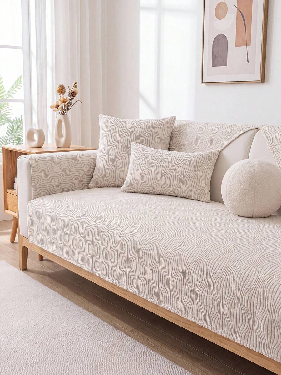 1Pc Four-Season Universal Sofa Cushion Chenier Modern Simple Non-Slip Sofa Cushion Cover, Machine Washable Room Decoration Pet-Friendly Protective Cover, Adjustable Corner Sofa Cover Suitable For Bedroom And Living Room Combination Cover Towel - Beige - View 1