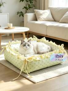 1PC Cozy Pet Bed, Soft Dot-Print Cat Sofa With Ruffled Edge, Non-Slip Washable Cushion For Small Dogs & Cats - Green - View 2