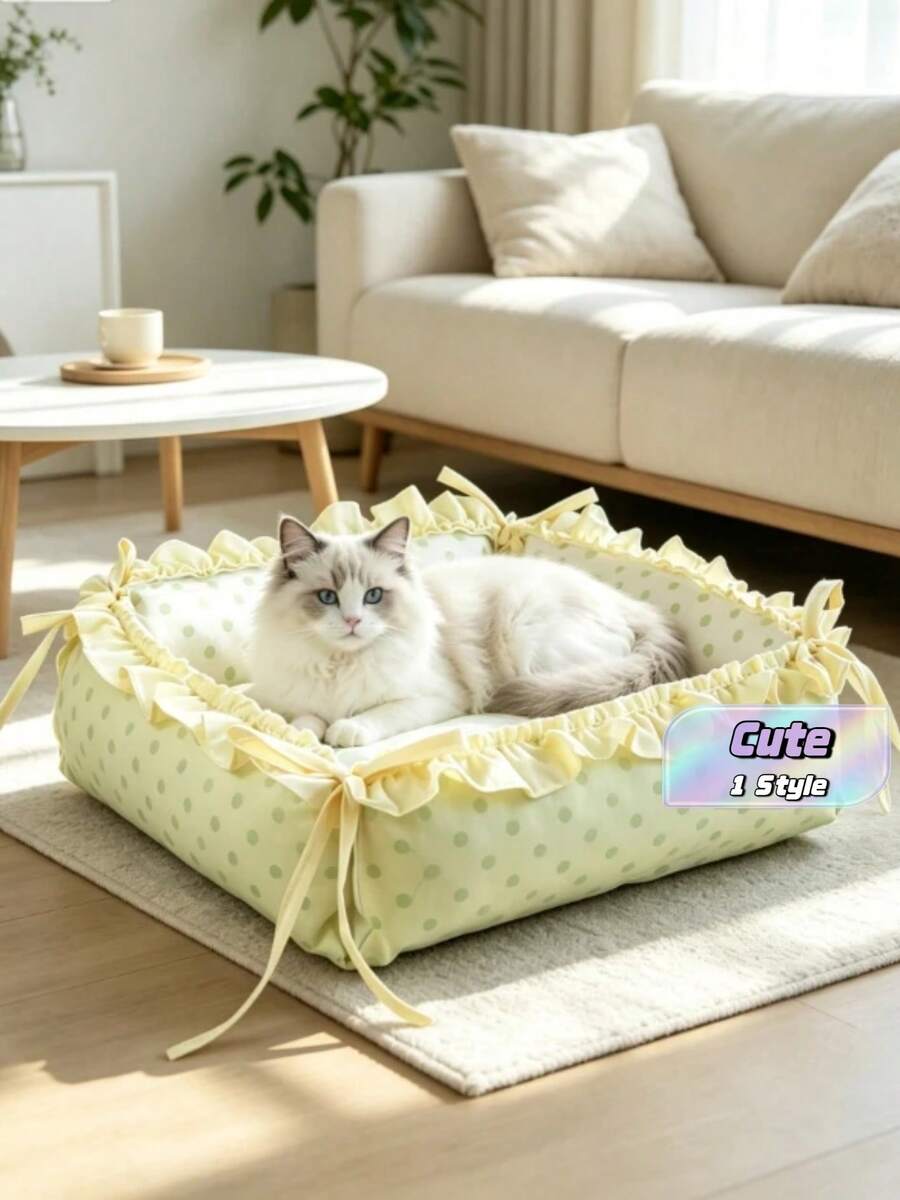 1PC Cozy Pet Bed, Soft Dot-Print Cat Sofa With Ruffled Edge, Non-Slip Washable Cushion For Small Dogs & Cats