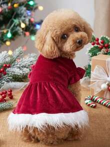 PETSIN 1pc Pet Plush Christmas Dress, Large, Red Plush - Multicolor - View 1