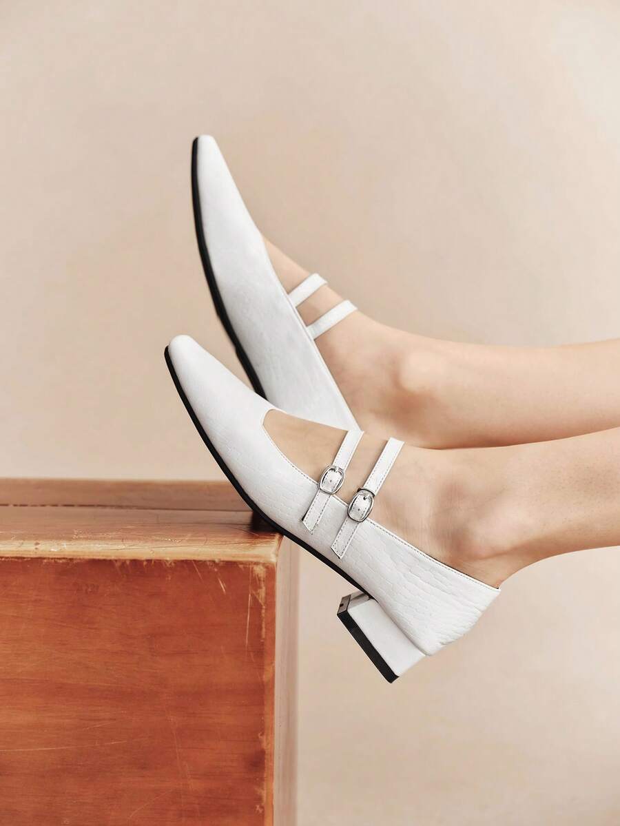 Rosivie French Small Square Toe Simple White Mary Jane Commuter Versatile Word With Thick Heel Women's Shoes Fall Shoes - White - View 1