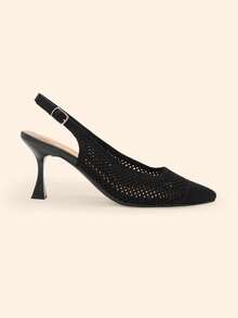 CUCCOO BASICS Flying Woven Mesh Hollow Breathable Pointed Thin Heel Versatile Simple Commute Empty High Heels - Black - View 2