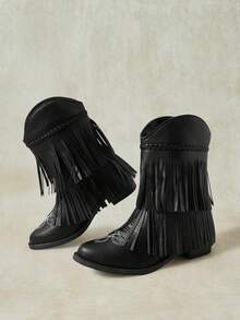 Styleloop Sepatu Bot Pendek Koboi Barat Berlipit Gaya Retro Klasik untuk Wanita, Hak Tebal Lancip, Ukuran Sedang, Cocok untuk Musim Gugur dan Musim Dingin, Sepatu Bot Ksatria Serbaguna - Hitam - View 4