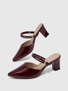 CUCCOO BIZCHIC Double Thin Belt Metal Buckle Pointed Toe Wedge Heel Middle Heel Retro Glossy Burgundy Mules Commuter Wear Slippers Fall Shoes - Burgundy - View 2
