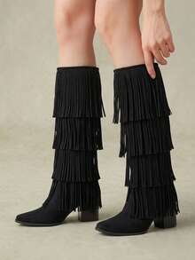 Styleloop Women's Vintage Bohemian Western Boots Black Faux Suede Multi-Layer Tassel Square Toe Medium Heel Tall Cowboy Boots Fall Boots - Black - View 9