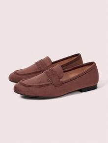 CUCCOO DOLLMOD Giày nữ mùa xuân thu màu nâu da lộn mờ, giày Penny Loafers cổ điển mũi tròn đế bệt phong cách Anh, xỏ chân đi làm - Cà phê nâu - Xem 4