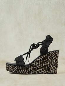 Styleloop Women's Woven Lace-Up Wedge High Heel Sandals, Bohemian Style Black Rope Braided Thick Sole Sandals, Vacation Beach Party - Black - View 2