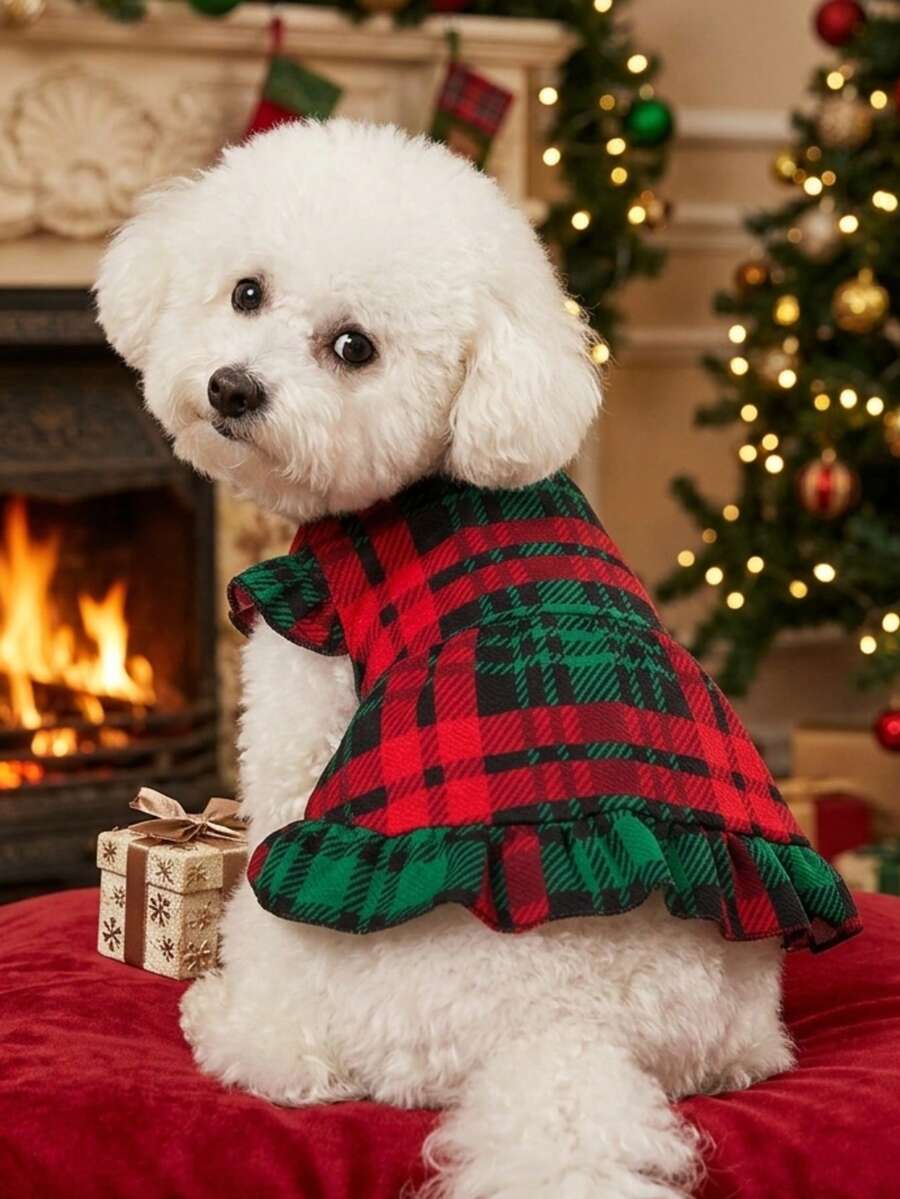 PETSIN 1pc Christmas Pet Red & Green Plaid Puff Sleeve Dress - Multicolor - View 1