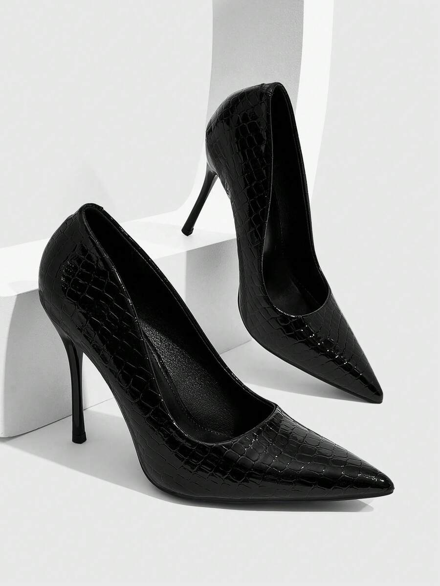CUCCOO SZL 壓紋尖頭細跟低鞋口高跟鞋,性感通勤宴會鞋 - 25-31黑色 - 查看 1
