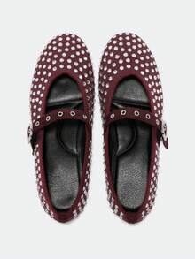 Maija Women's Rhinestone Buckle Shiny Flat Casual Shoes - Burgundy - View 5
