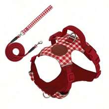 New 2 Pieces Dog Harness & Leash Set, Reflective Strip For Night Visibility, Lightweight Non-Stick Shoulder Protection, Ergonomic Design To Reduce Pressure, Anti-Pull Handle For Instant Control, High-Strength Metal Leash Clip, Durable Pom - Red - View 5