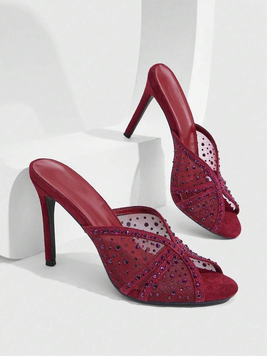 CUCCOO SZL Women's New Burgundy Round Toe Mesh Rhinestone Elegant Elegant Open Toe High Heel Sandals, Suitable For Daily Commute, Outings, Parties, Gatherings And Balls - burgundy mesh - View 1