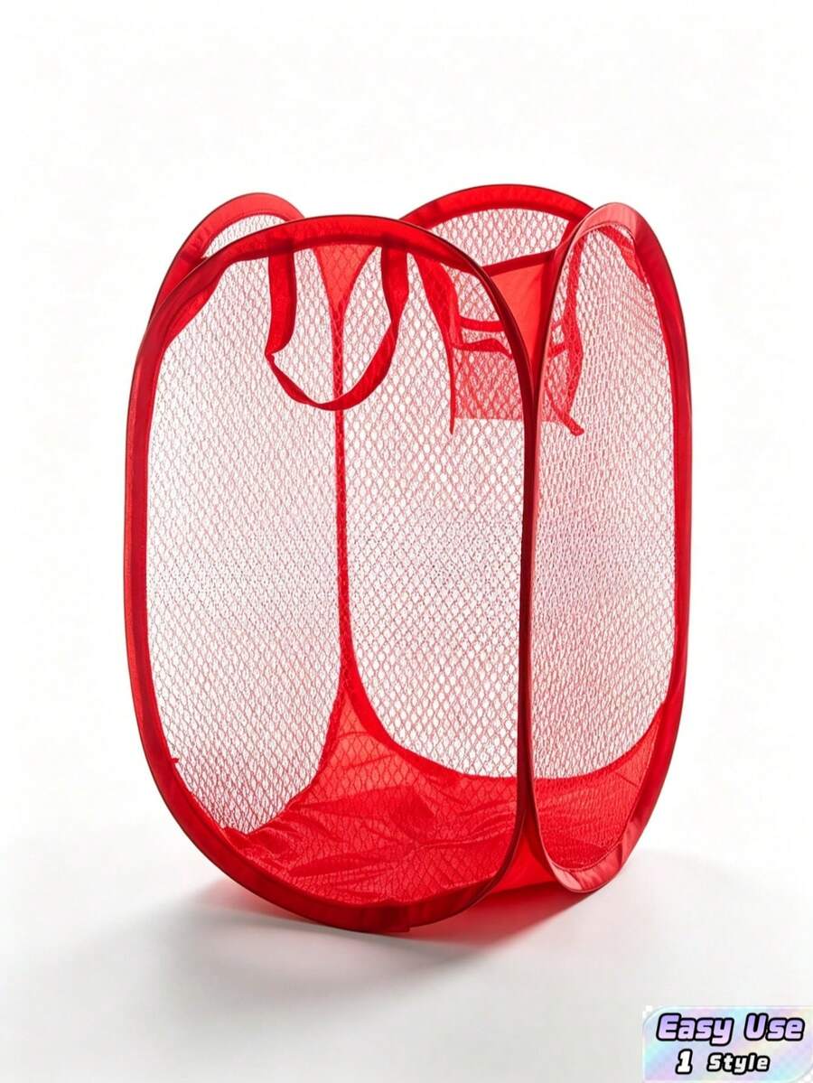 Large Foldable Fine Colorful Mesh Laundry Basket Portable Storage Basket Household Clothes Organizer For Home Bedroom Bathroom Tidying - Red - View 1