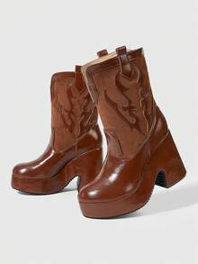 ROMWE Fairycore High Heel High Water Platform Western Women's Boots - Camel - View 5