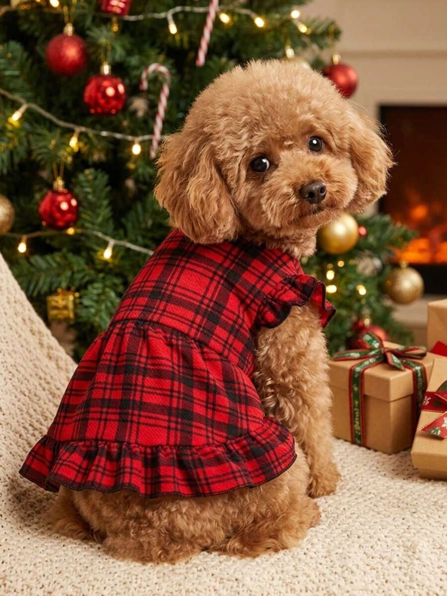 PETSIN 1pc Red Plaid Puff Sleeve Dress For Pets, Christmas - Multicolor - View 1