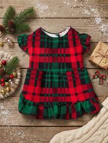 PETSIN 1pc Christmas Pet Red & Green Plaid Puff Sleeve Dress - Multicolor - View 2