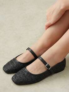 Styleloop Black Woven Mary Jane Shoes Women's Flat Bottom Breathable Hollow Buckle Belt Retro Shoes Fall Shoes - Black - View 4