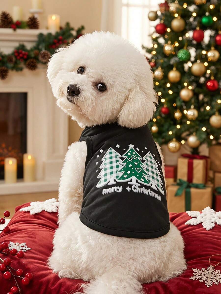 PETSIN 1pc Green Christmas Tree With Letter Pet Print Vest Black Christmas Skin Friendly Breathable Sleeveless Pet Clothing - Multicolor - View 1