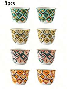8pcs Bohemian Ikat Diamond & Zigzag Pattern Ceramic Tea Cup Set, Per Color Stackable Hand-Painted Mini Porcelain Mug, Suitable For Coffee, Kung Fu Tea, Home Gift - Multicolor - View 15