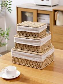 Handwoven Desktop Storage Basket With Liner Boho Home Decor Fall Autumn Organizer For Office Supplies Counter Toys Cosmetics Natural Grass Rope Rustic Farmhouse Style - coffee color - View 10