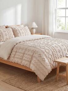 2/3Pcs Beige Bohemian Tufted Duvet Cover Set, Geometric Pattern Textured Bedding Set For All Seasons, Soft And Breathable Boho Decorative Duvet Cover, Queen, King (1 Duvet Cover + 1/2 Pillowcases, No Filler) - Beige - View 3