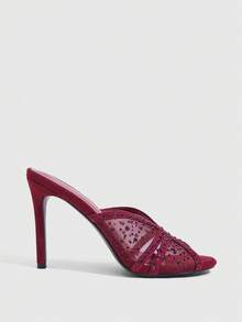CUCCOO SZL Women's New Burgundy Round Toe Mesh Rhinestone Elegant Elegant Open Toe High Heel Sandals, Suitable For Daily Commute, Outings, Parties, Gatherings And Balls - burgundy mesh - View 4