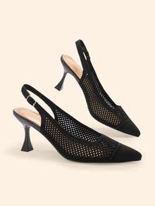 CUCCOO BASICS Flying Woven Mesh Hollow Breathable Pointed Thin Heel Versatile Simple Commute Empty High Heels - Black - View 1