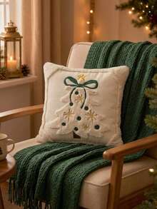 Cirelle 1pc/2pcs Christmas Decorative Pillow Cover, Cream White Textured Throw Pillow Case With Embroidered Christmas Tree, Cozy Festive Cushion Cover For Sofa Bed Holiday Home Decor - Beige - View 2