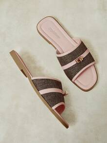 Styleloop Color Matching Square Toe Sandals Women's Summer Wear Flat Bottom Linen Breathable Slouchy Word Drag Holiday Sandals - Dusty Pink - View 6